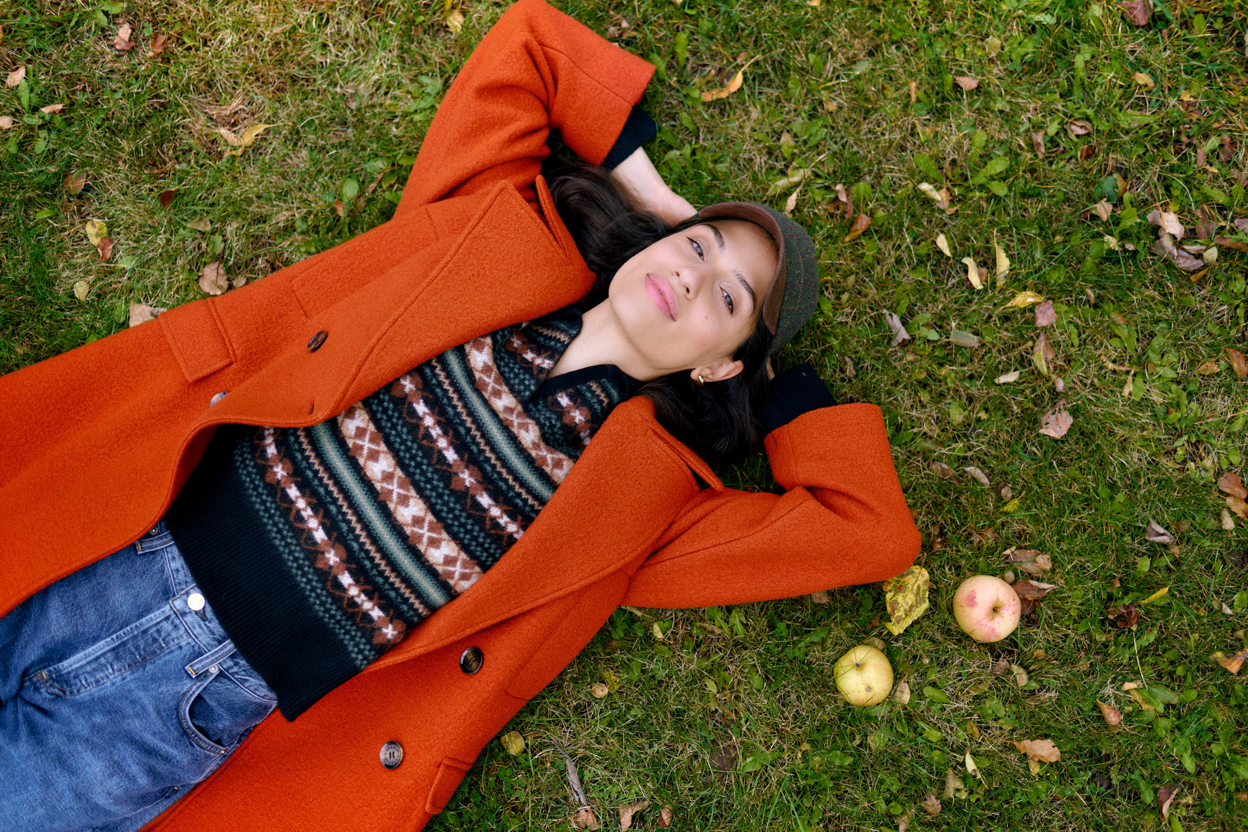 The Barbour Blyth Wool Coat, Vince Fair Isle Polo Sweater, Smythe Owl Bootcut Jeans, and Soft Goat Boyfriend Turtleneck