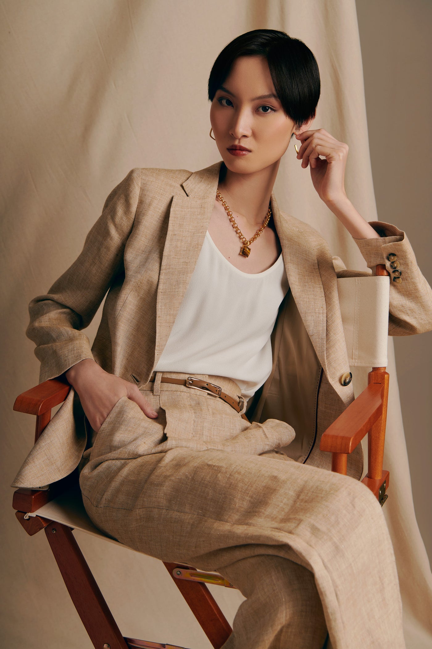 Max Mara Studio Linen Suit styled for Andrews shops' Safari style editorial