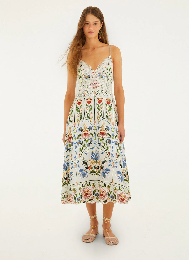 Stitched Garden Off-white Midi Dress by FARM Rio