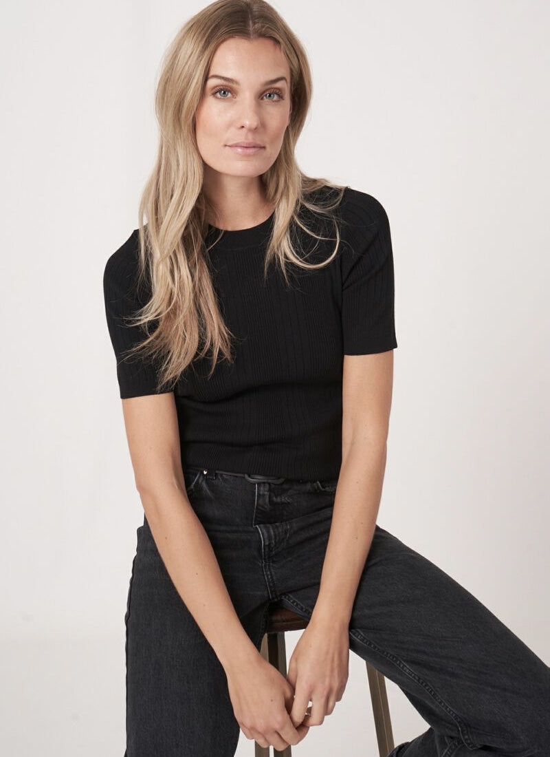 REPEAT Cashmere Short Sleeve Rib-Knit Top