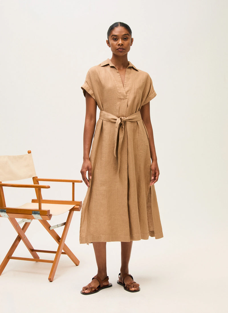 linen belted midi dress Linen Blend Belted Midi Dress