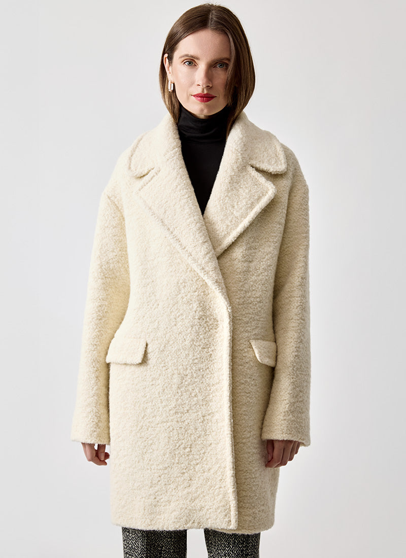 Tagliatore Astrid White Boucle Alpaca Coat