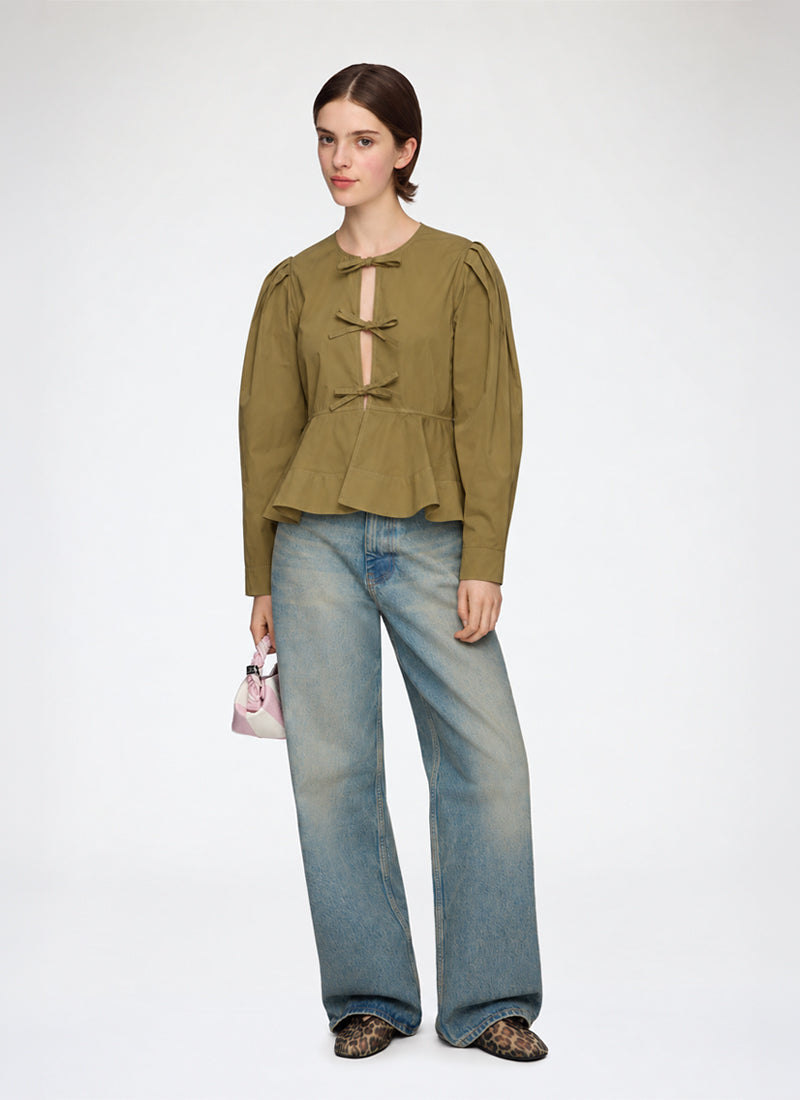 Compact Poplin Long Sleeve Peplum Blouse