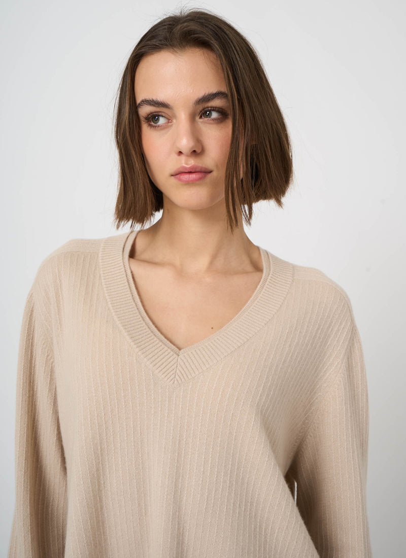 V Neck Cashmere Round Slit Knit Pullover