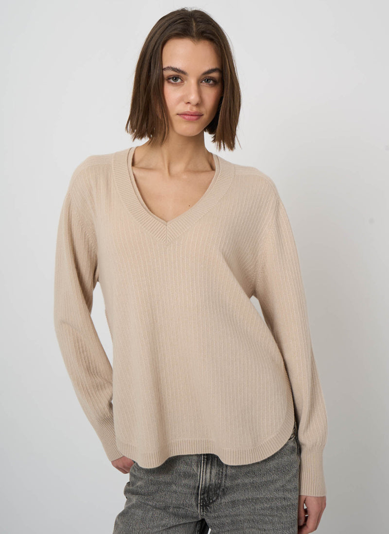 V Neck Cashmere Round Slit Knit Pullover
