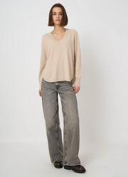 V Neck Cashmere Round Slit Knit Pullover