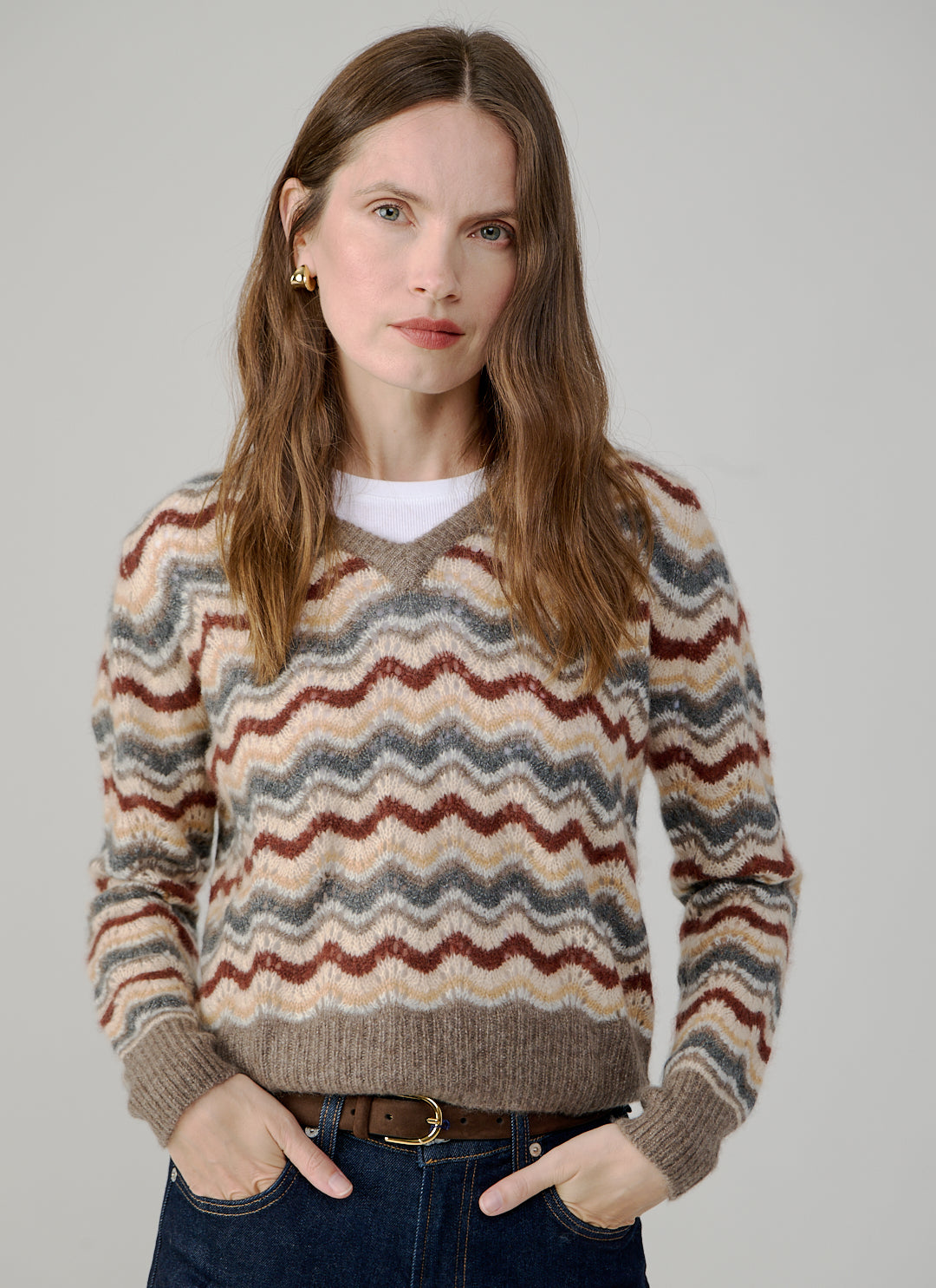 Cropped Pointelle Wavy Stripe V Neck Pullover by Autumn Cashmere at Andrews