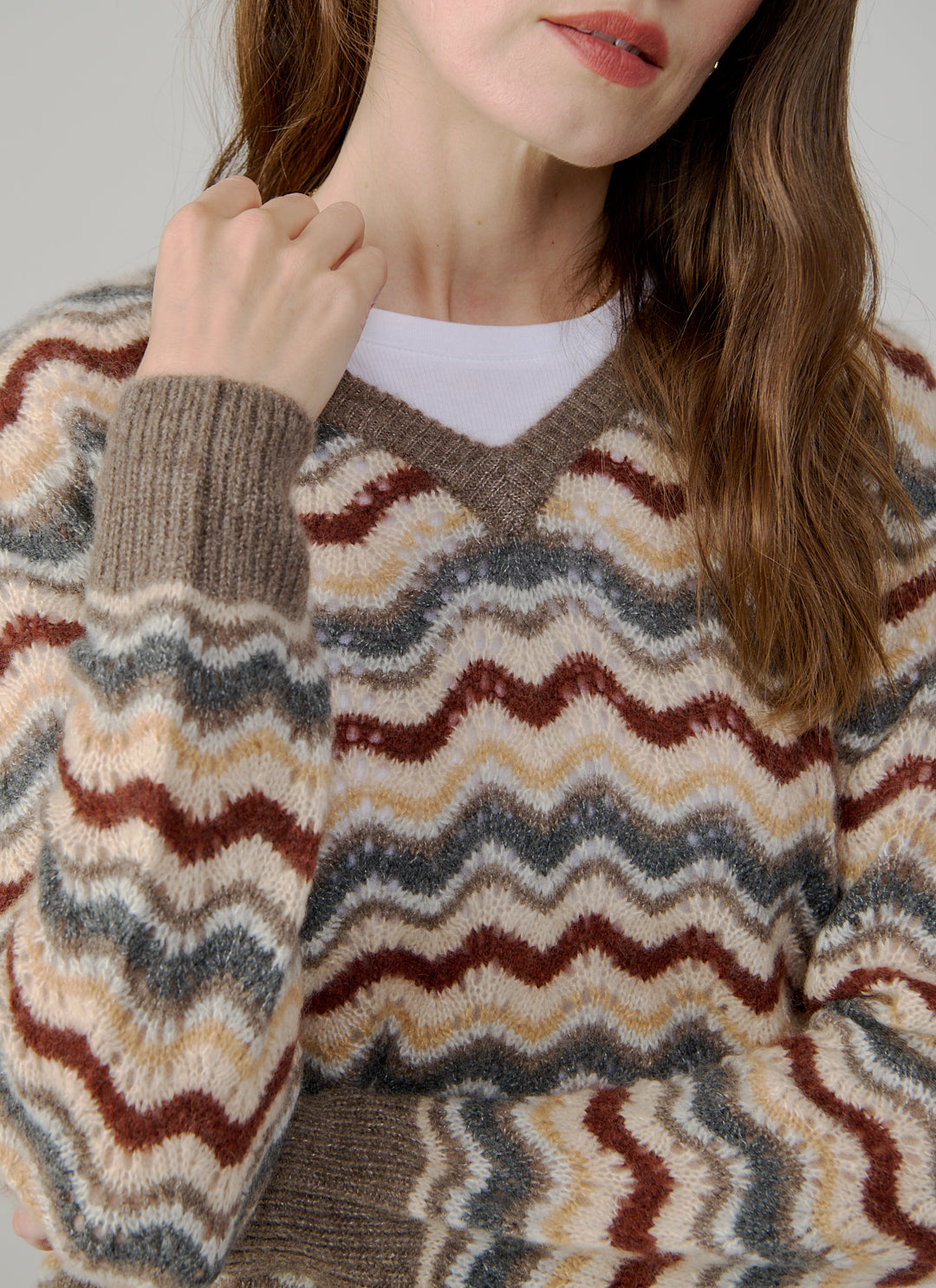 Cropped Pointelle Wavy Stripe V Neck Pullover by Autumn Cashmere at Andrews
