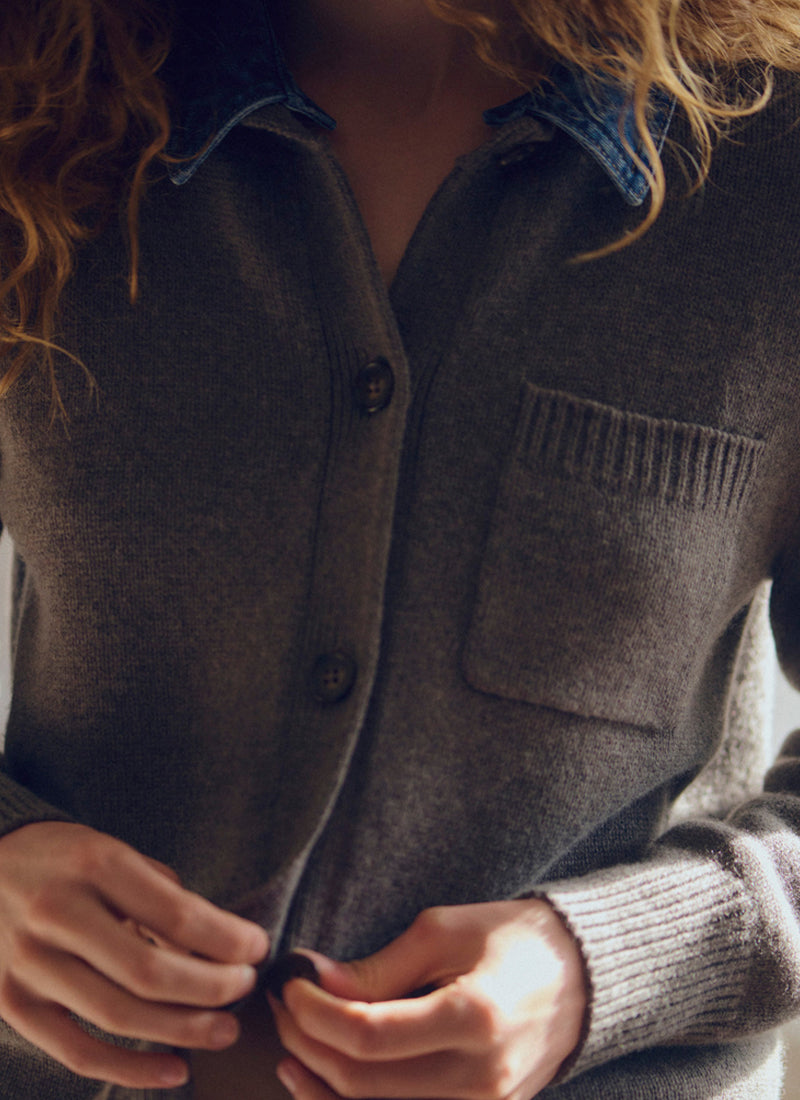 Wool Cashmere Denim Collar Cardigan