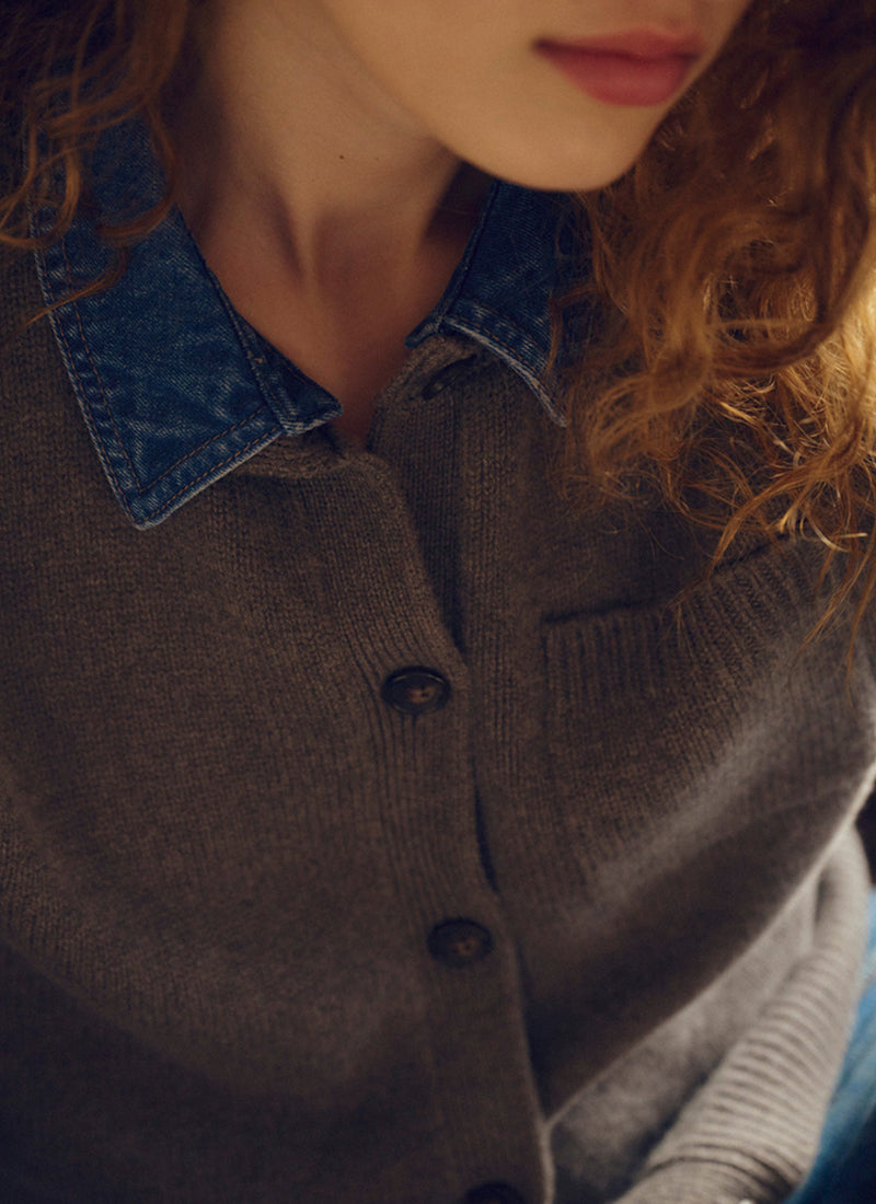 Wool Cashmere Denim Collar Cardigan