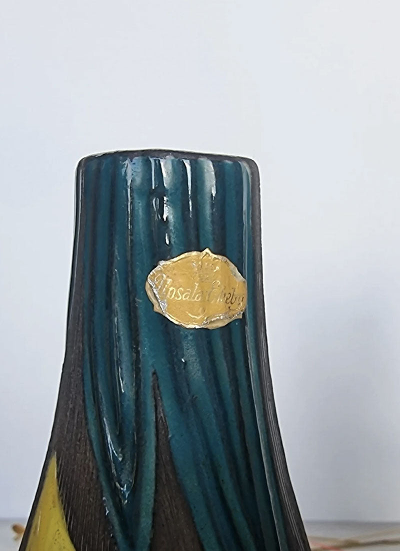 Haute Curature Mari Simmulson for Upsala Ekeby Pair of 1960 Agave Series  Incised Leaf Polychrome Glaze Jug Vases