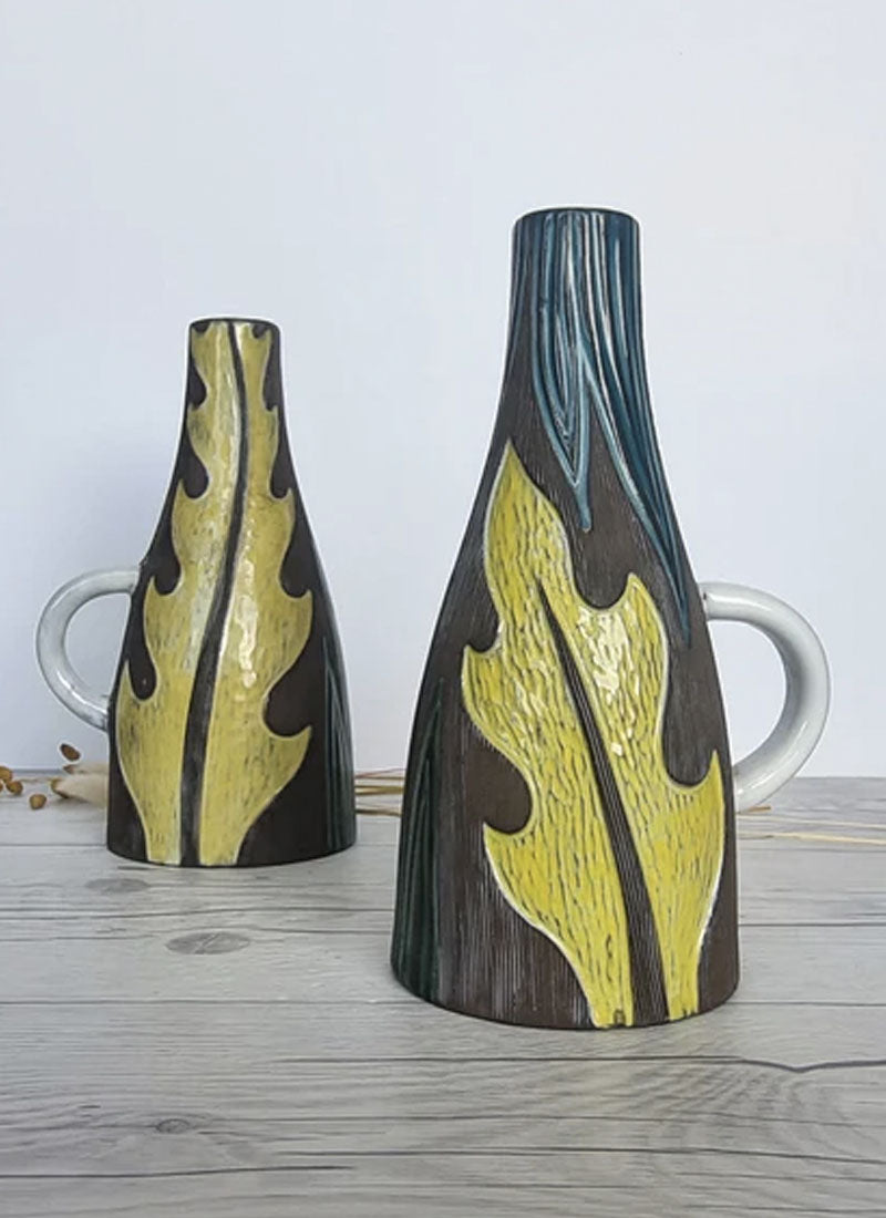 Haute Curature Mari Simmulson for Upsala Ekeby Pair of 1960 Agave Series  Incised Leaf Polychrome Glaze Jug Vases