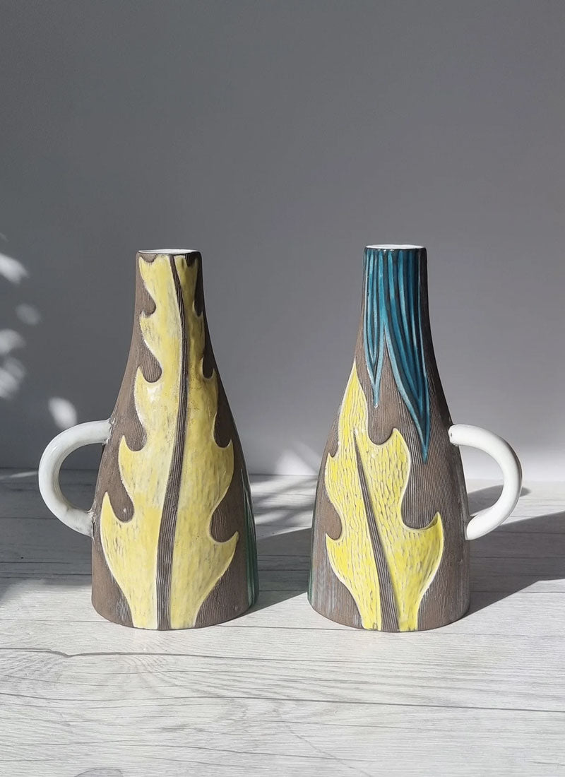 Haute Curature Mari Simmulson for Upsala Ekeby Pair of 1960 Agave Series  Incised Leaf Polychrome Glaze Jug Vases