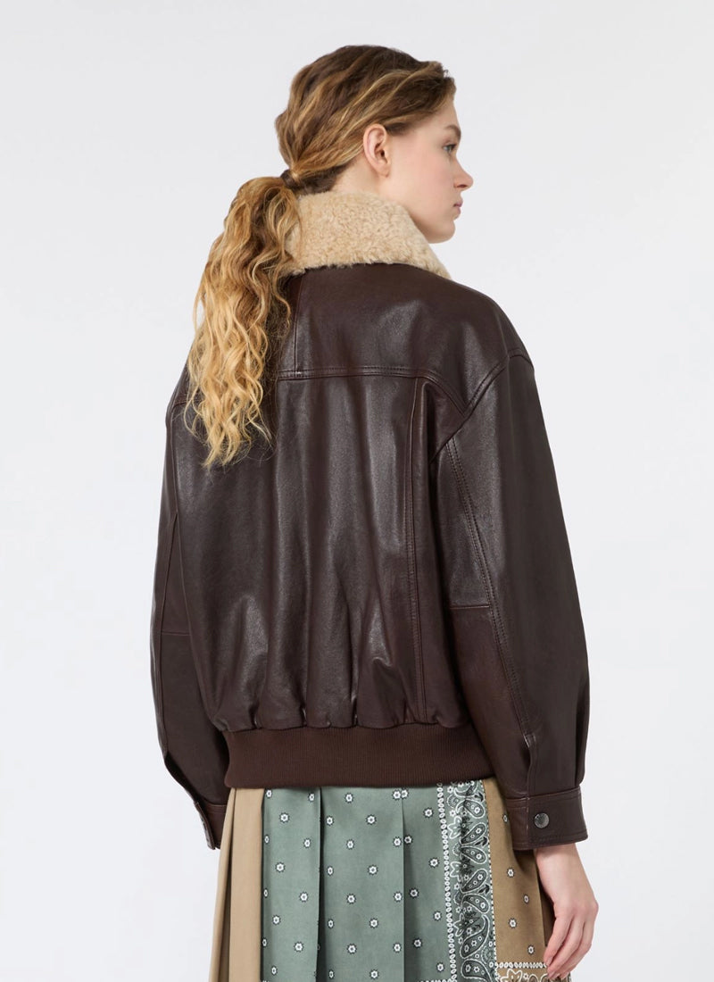 Weekend Max Mara Alata Shearling Collar Leather Bomber