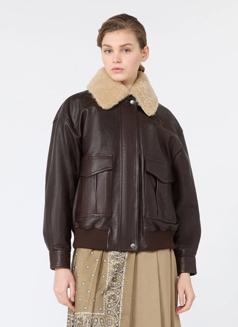 Weekend Max Mara Alata Shearling Collar Leather Bomber