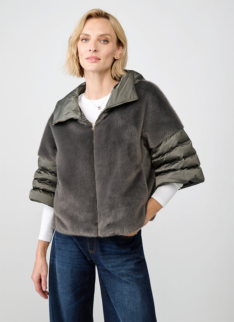 Satin Short Sleeve Faux Fur Jacket