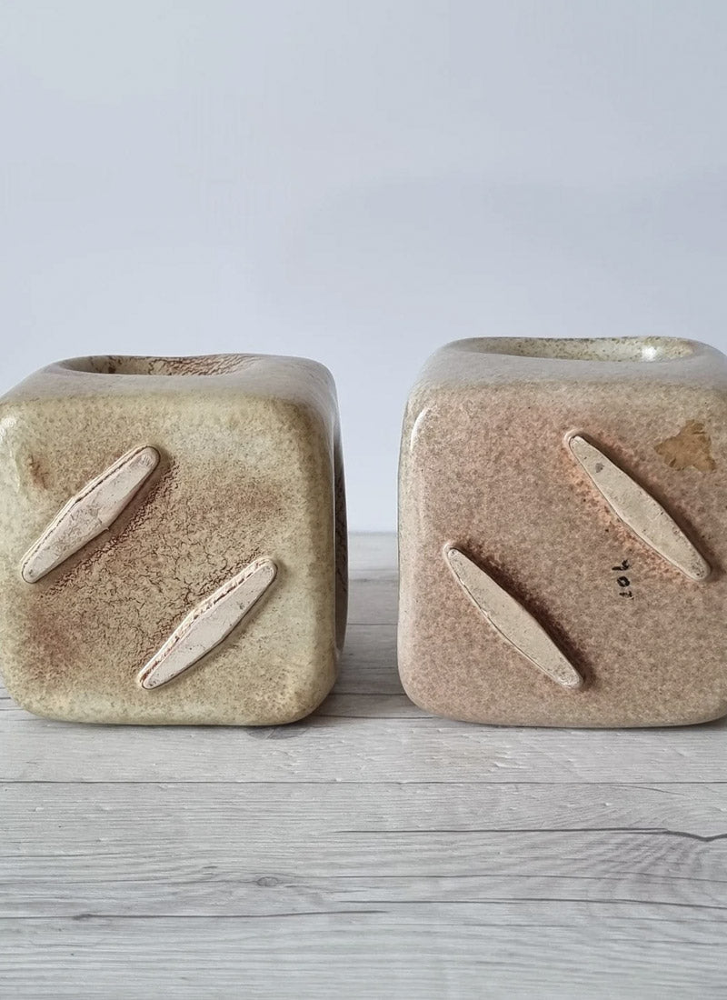 Haute Curature Bertoncello Ceramiche Pair of Screziato Havana Cream Leather Glaze Cube Vases, 1960s-70s