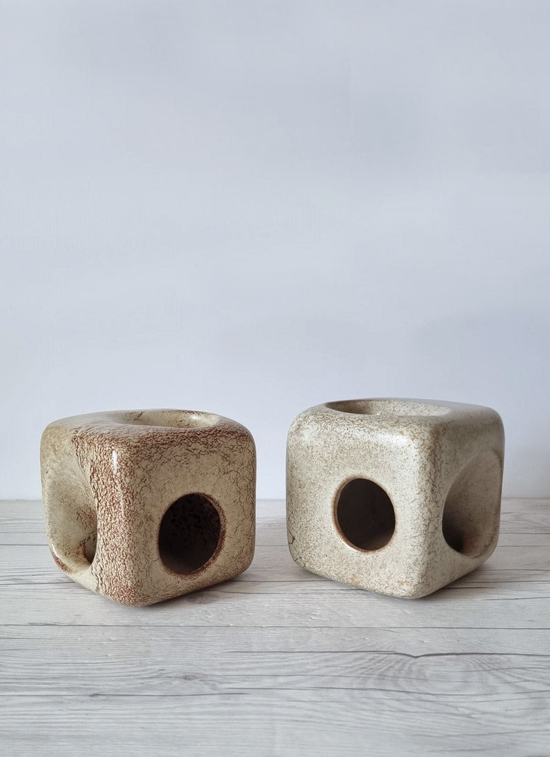 Haute Curature Bertoncello Ceramiche Pair of Screziato Havana Cream Leather Glaze Cube Vases, 1960s-70s