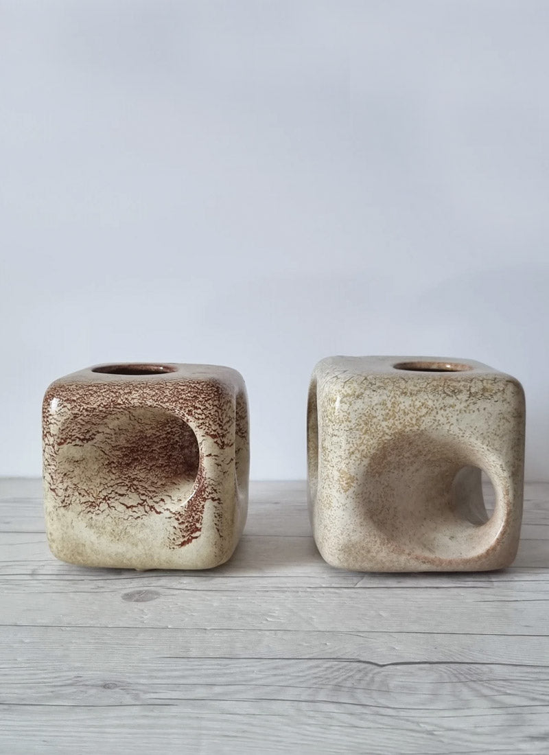 Haute Curature Bertoncello Ceramiche Pair of Screziato Havana Cream Leather Glaze Cube Vases, 1960s-70s