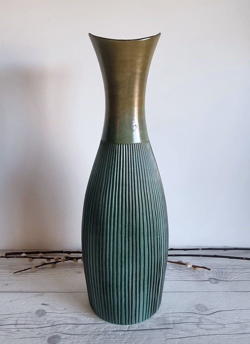 Haute Curature Hjordis Oldfors for Upsala Ekeby 1958 Palma Series Textured Gold and Teal Floor Vase, Sweden