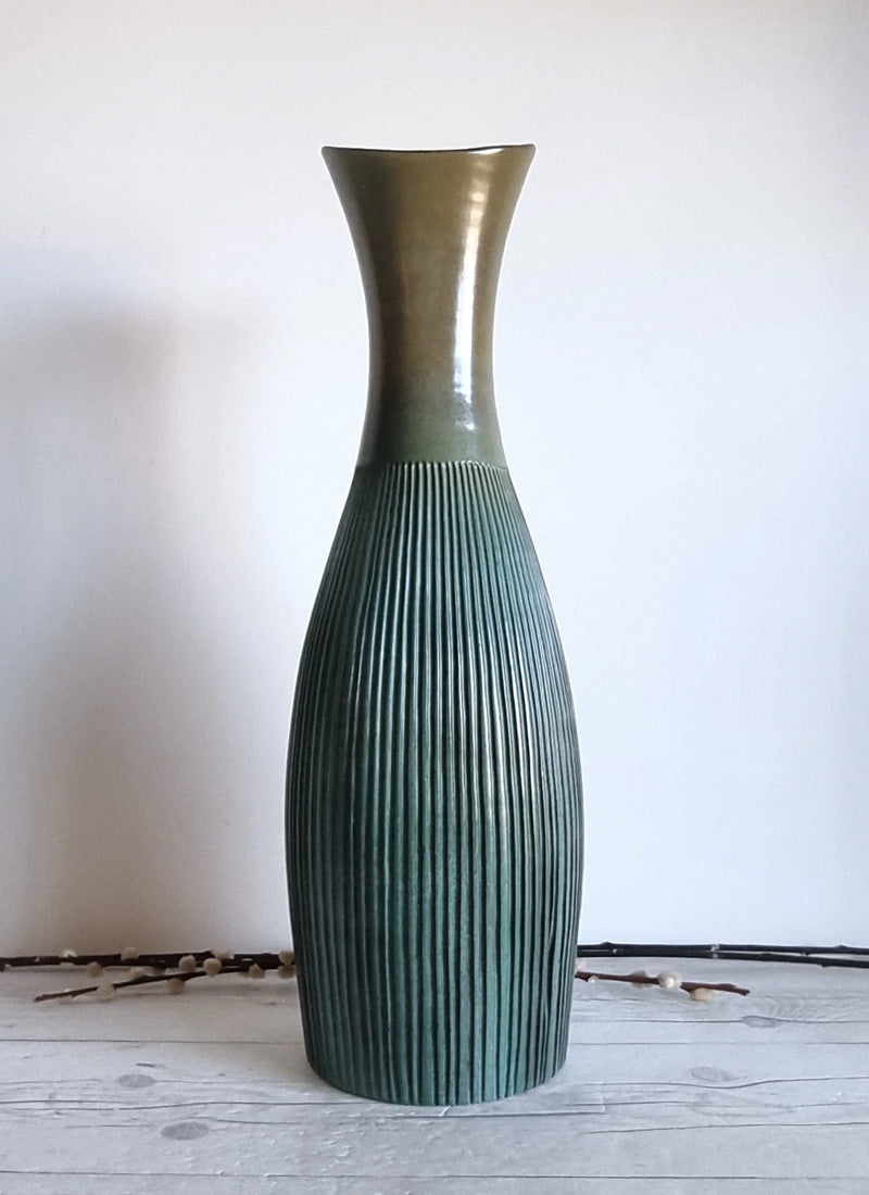 Haute Curature Hjordis Oldfors for Upsala Ekeby 1958 Palma Series Textured Gold and Teal Floor Vase, Sweden