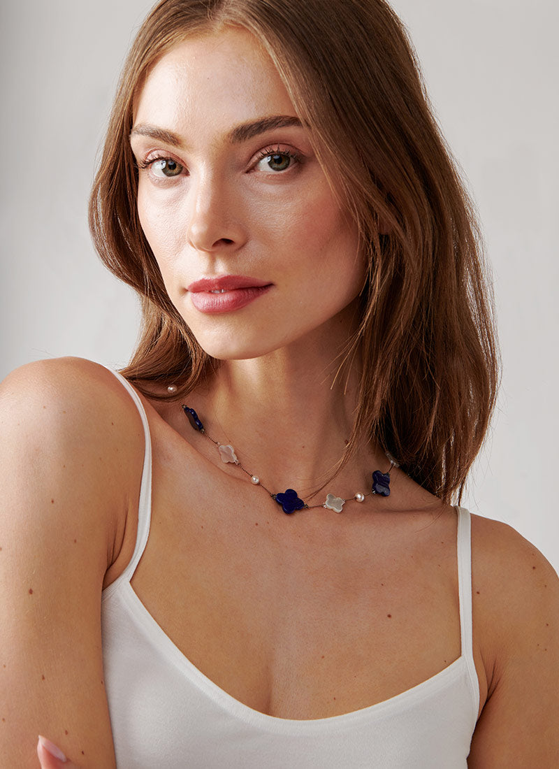Margo Morrison Lapis and Mother Of Pearl Clover Necklace