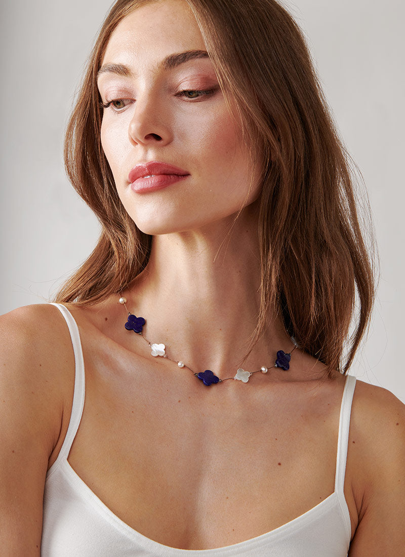 Margo Morrison Lapis and Mother Of Pearl Clover Necklace