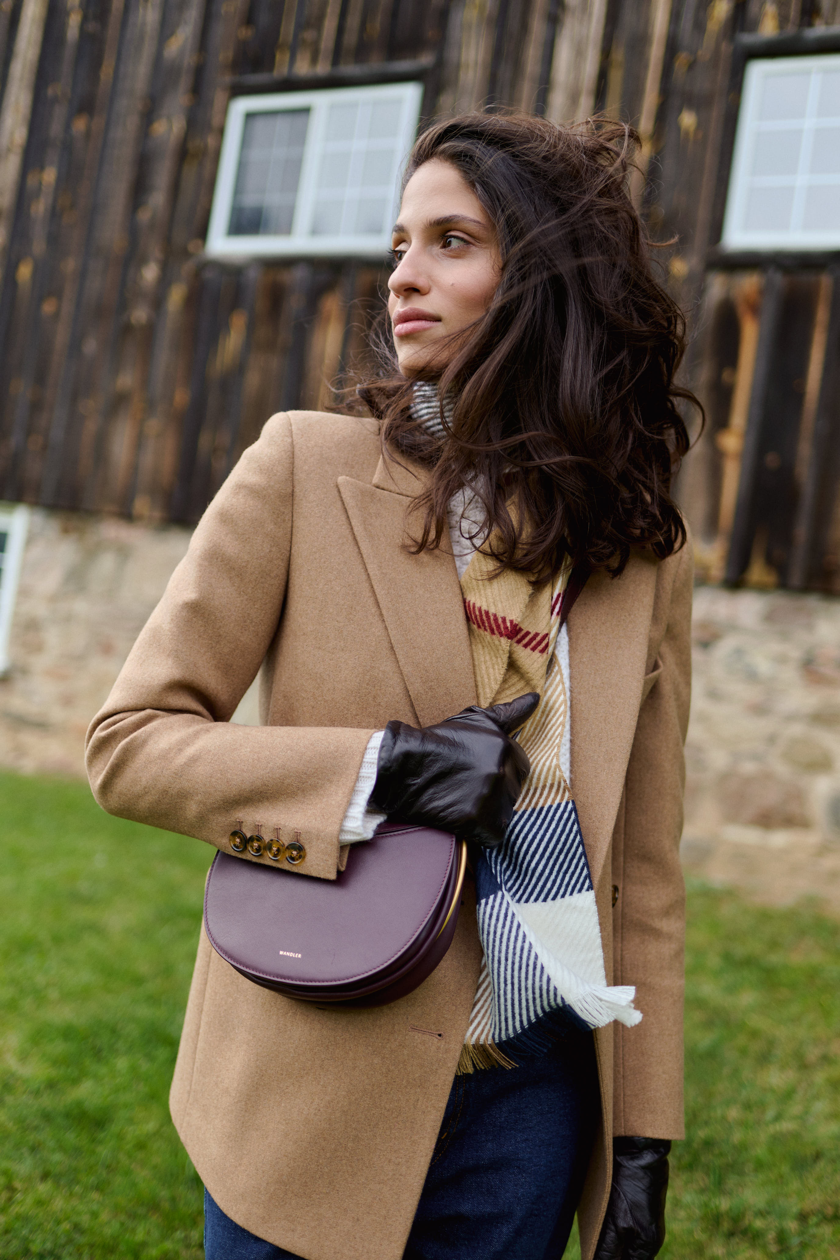 The Blaze Milano Cholita Everyday Blazer, Lisa Yang Signe Sweater, Frame Borrowed Jeans, Wandler Kate Bag, and Barbour Blair Scarf