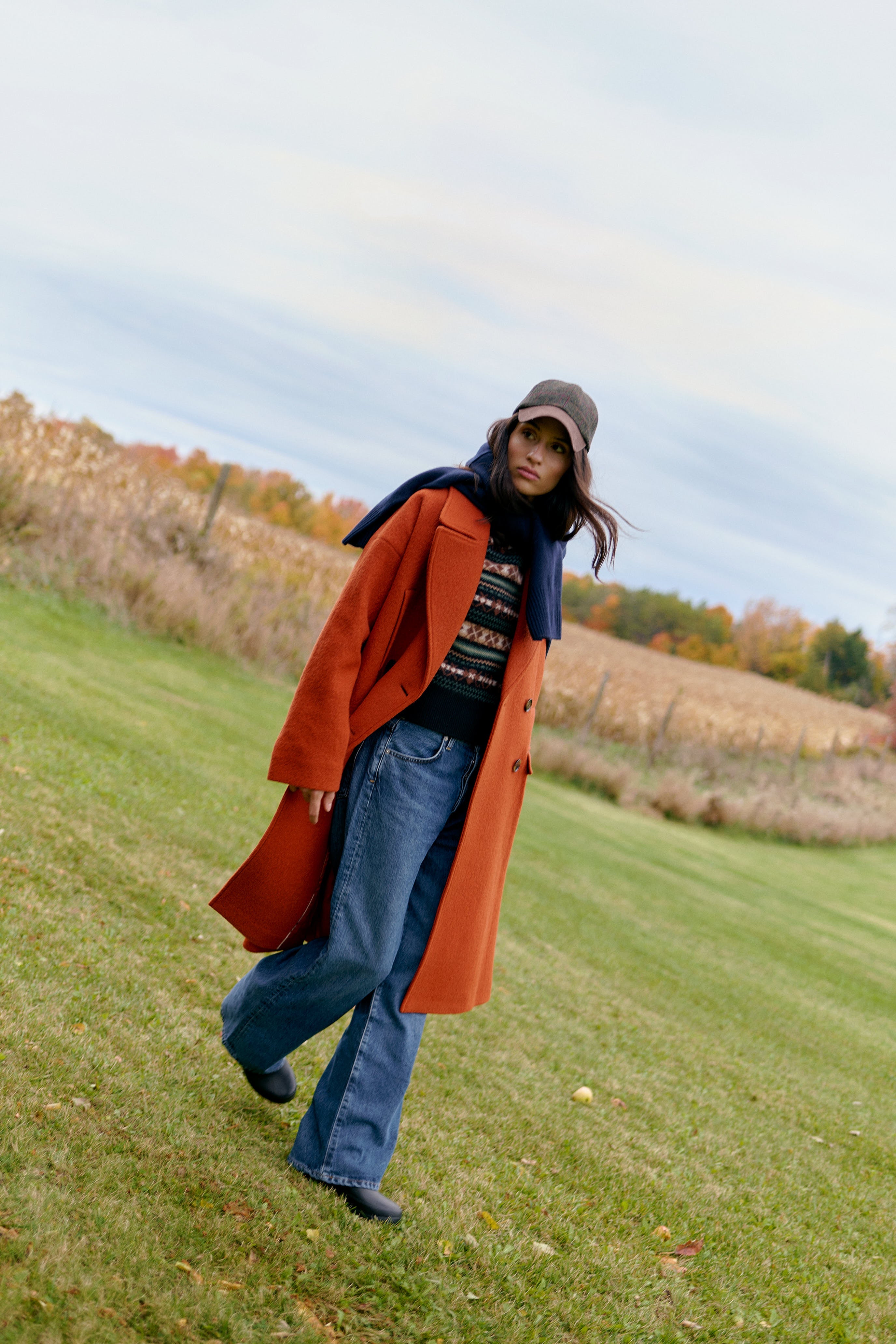The Barbour Blyth Wool Coat, Vince Fair Isle Polo Sweater, Smythe Owl Bootcut Jeans, and Soft Goat Boyfriend Turtleneck