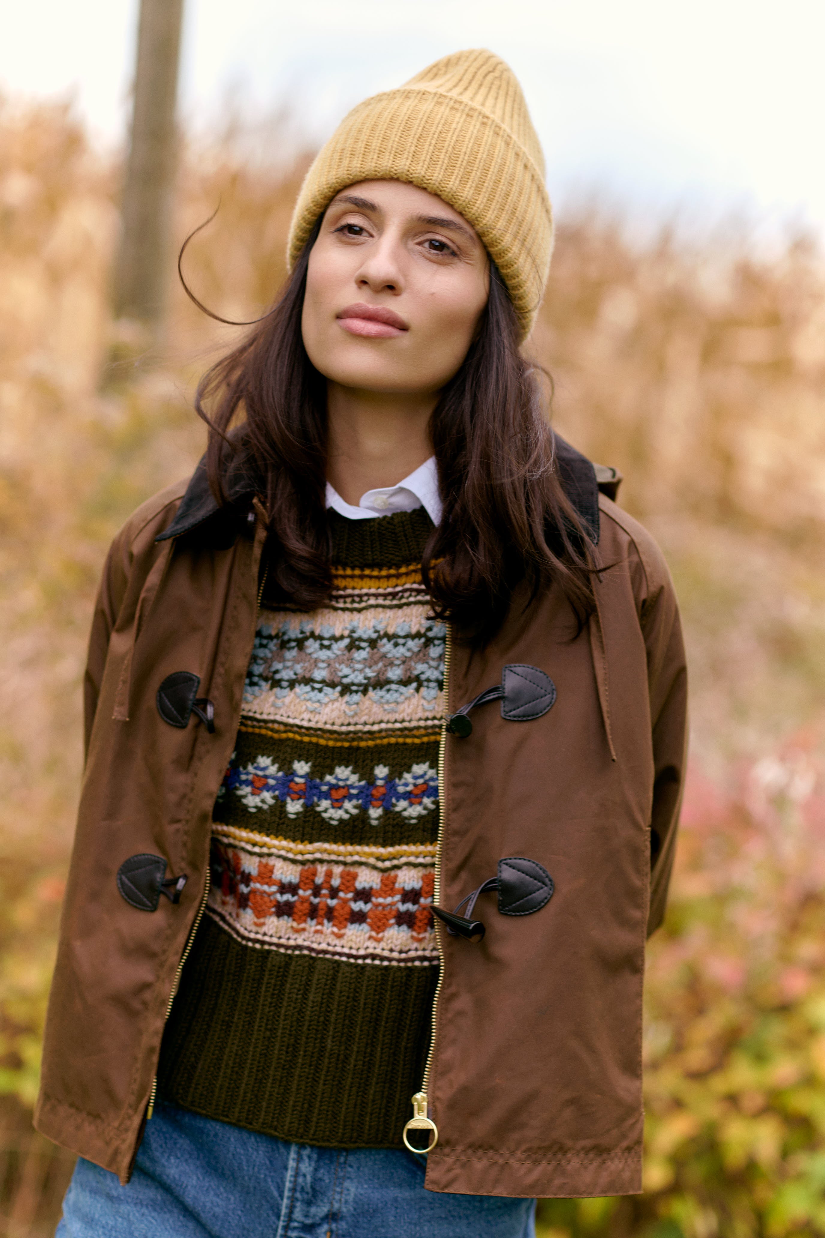The Barbour Myra Coat, Smythe Handknit Sweater, Smythe Bootcut Jeans, T.Line Coco Shirt, and Soft Goat Beanie