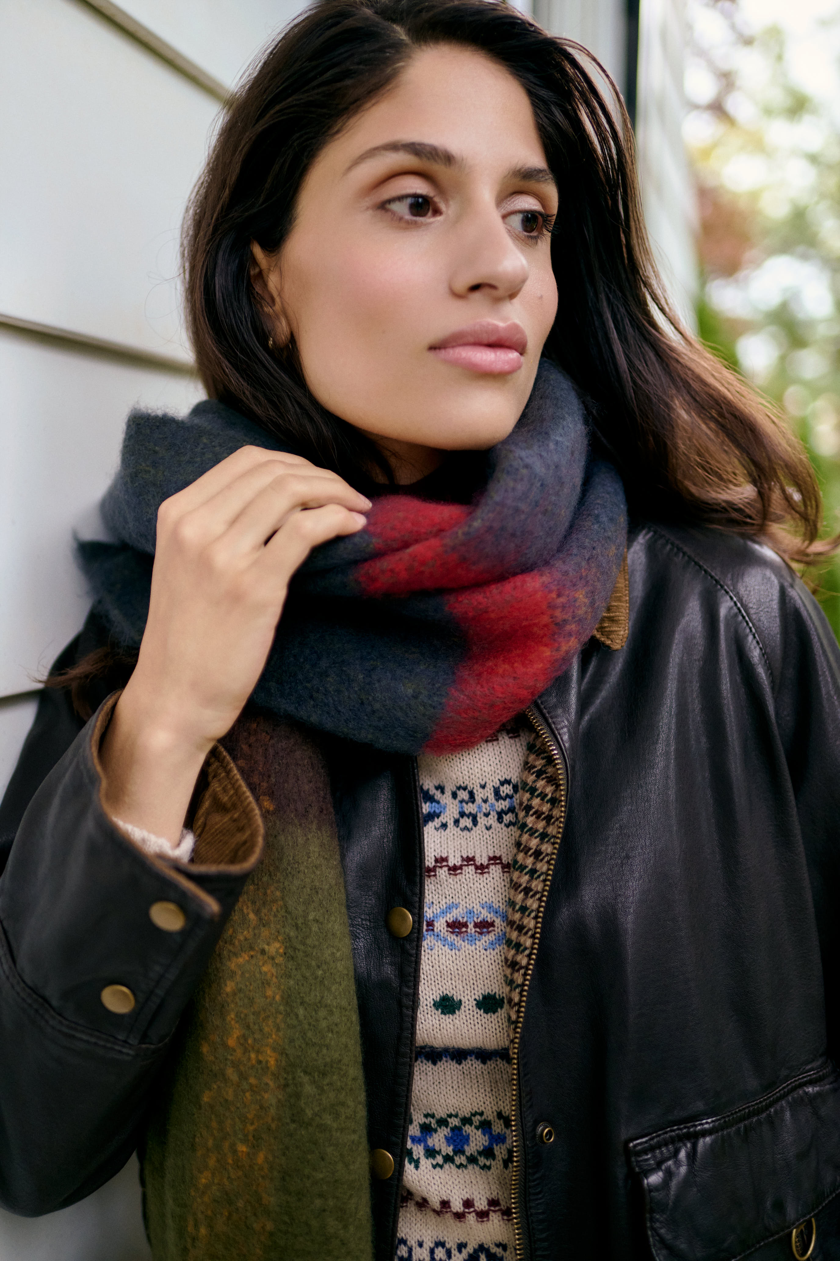 The Jackie Leathers Jacket, Max Mara Weekend Alpaca Sweater, Barbour Isla Scarf, Max Mara Weekend Trouser, and La Canadienne Selina Boot