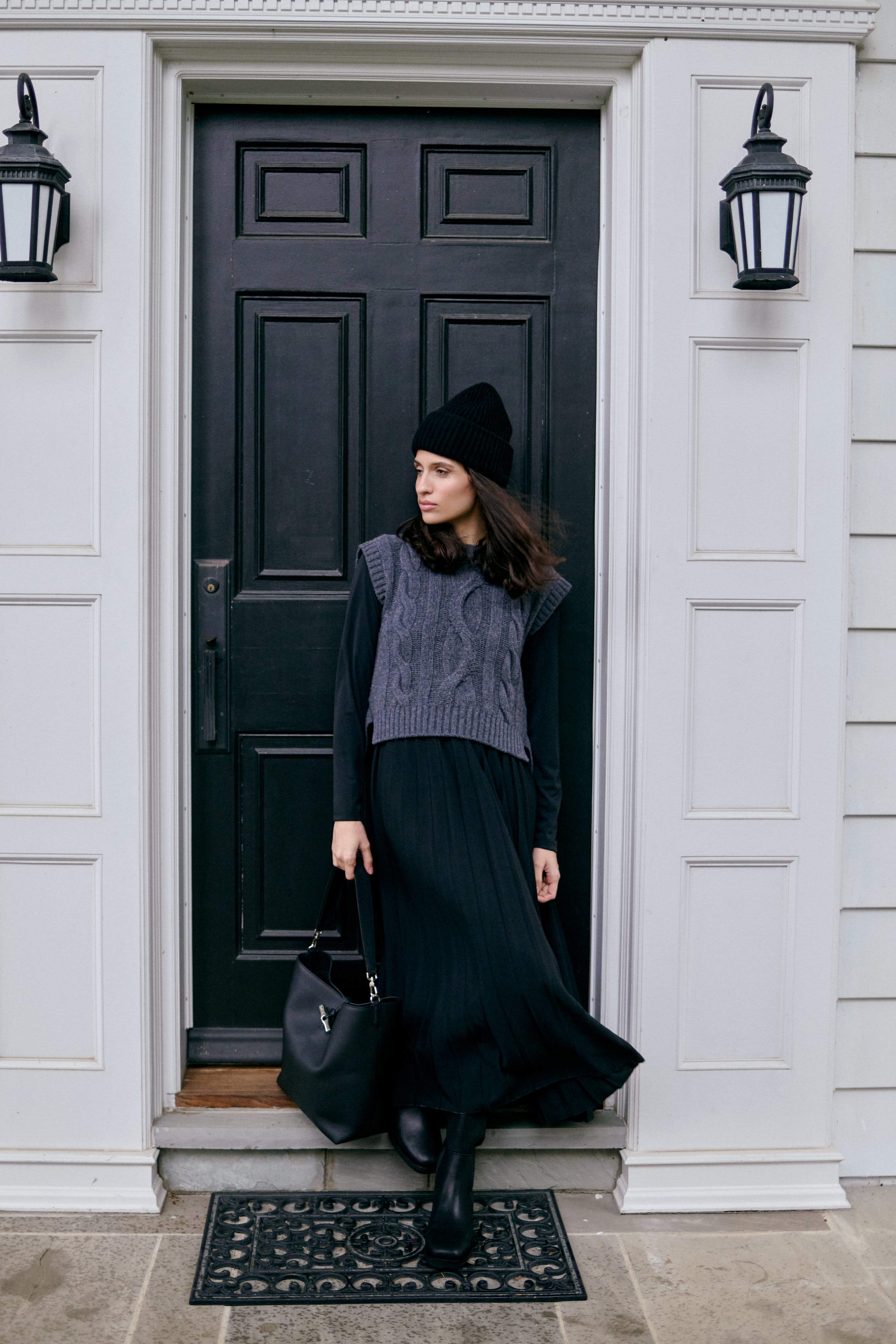 Max Mara Weekend Ebro Dress, Longchamp Le Rouseau Hobo Bag, Soft Goat Beanie, and Dear Frances Alma Boot
