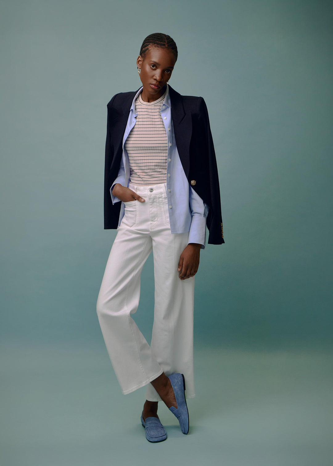 Smythe Duchess blazer and frame bardot pocket jeans accessorized with dear frances loafers