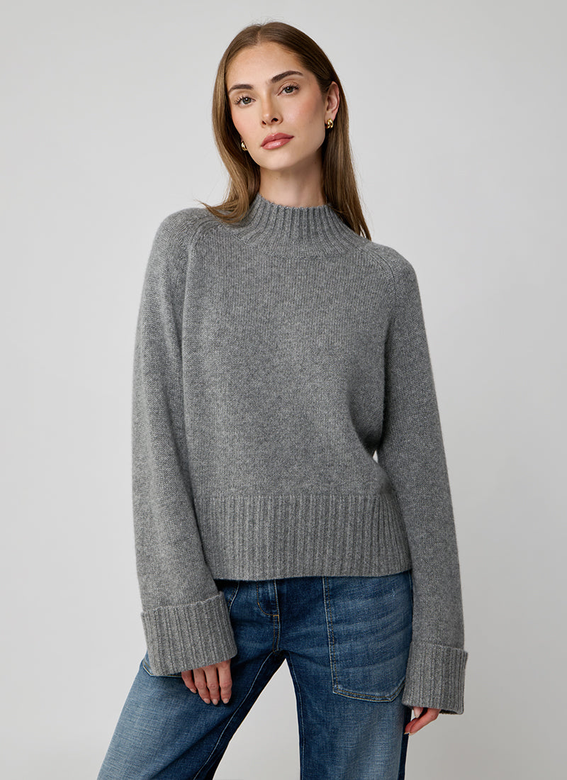 Autumn Cashmere Cuffed Solid Boxy Mock Neck Sweater