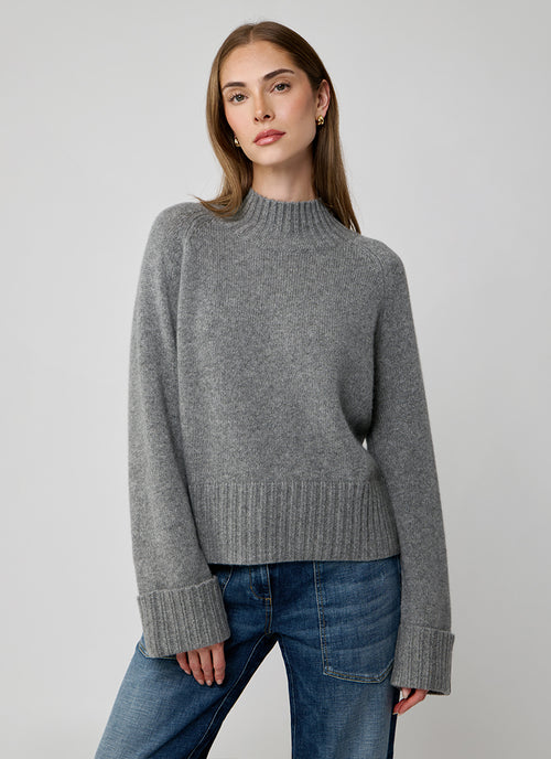 Autumn Cashmere Cuffed Solid Boxy Mock Neck Sweater