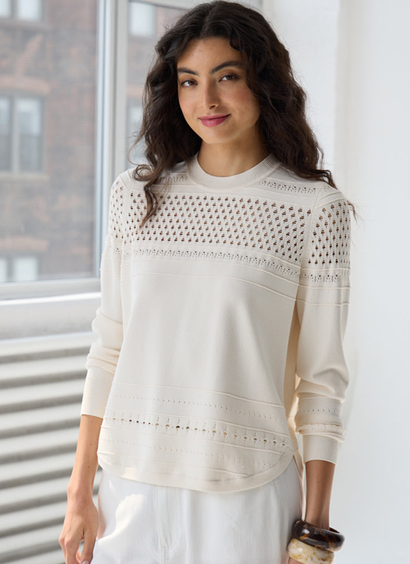 Autumn Cashmere Pointelle Stitch Crew Long Sleeve Sweater