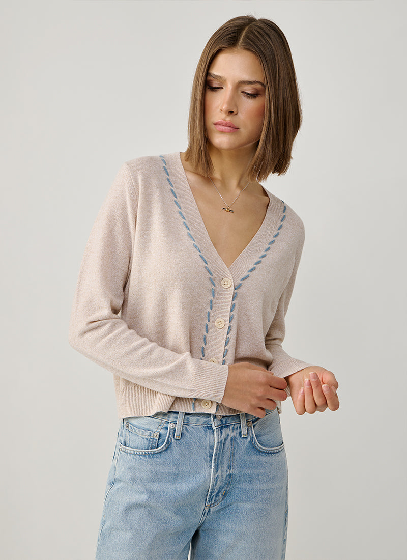 Tubular Lacing V neck Cashmere Cardigan