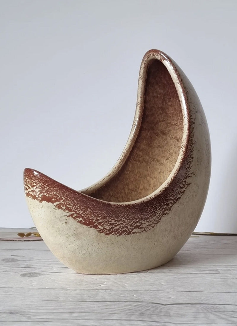 Haute Curature Bertoncello Screziato Havana Cream and Sienna Glaze, Modernist Crescent Moon Planter Vase, 60s-80s