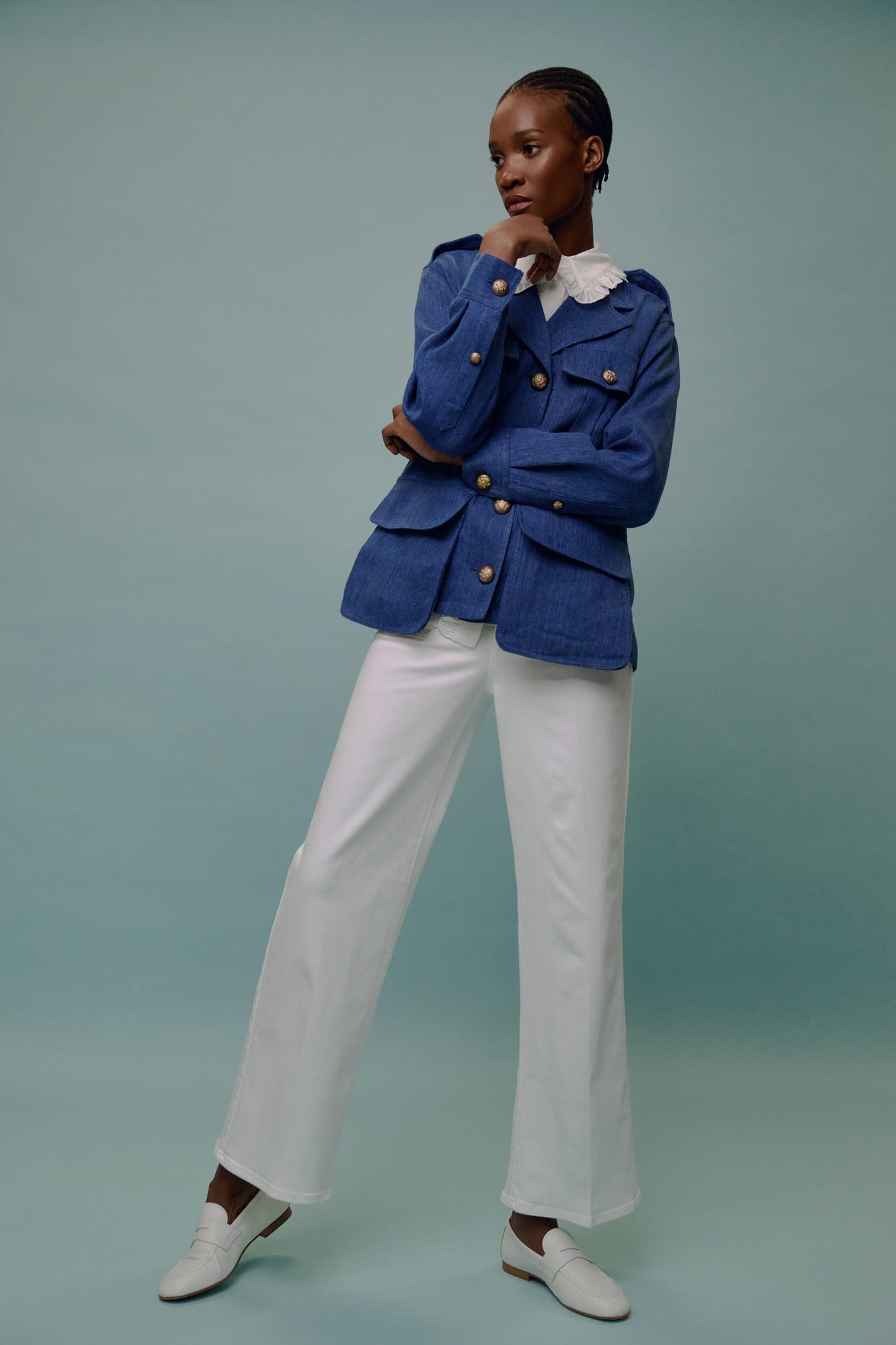 smythe bellows utility jacket and smythe ruffled button up shirt accessorized with the kitson la canadienne loafers 