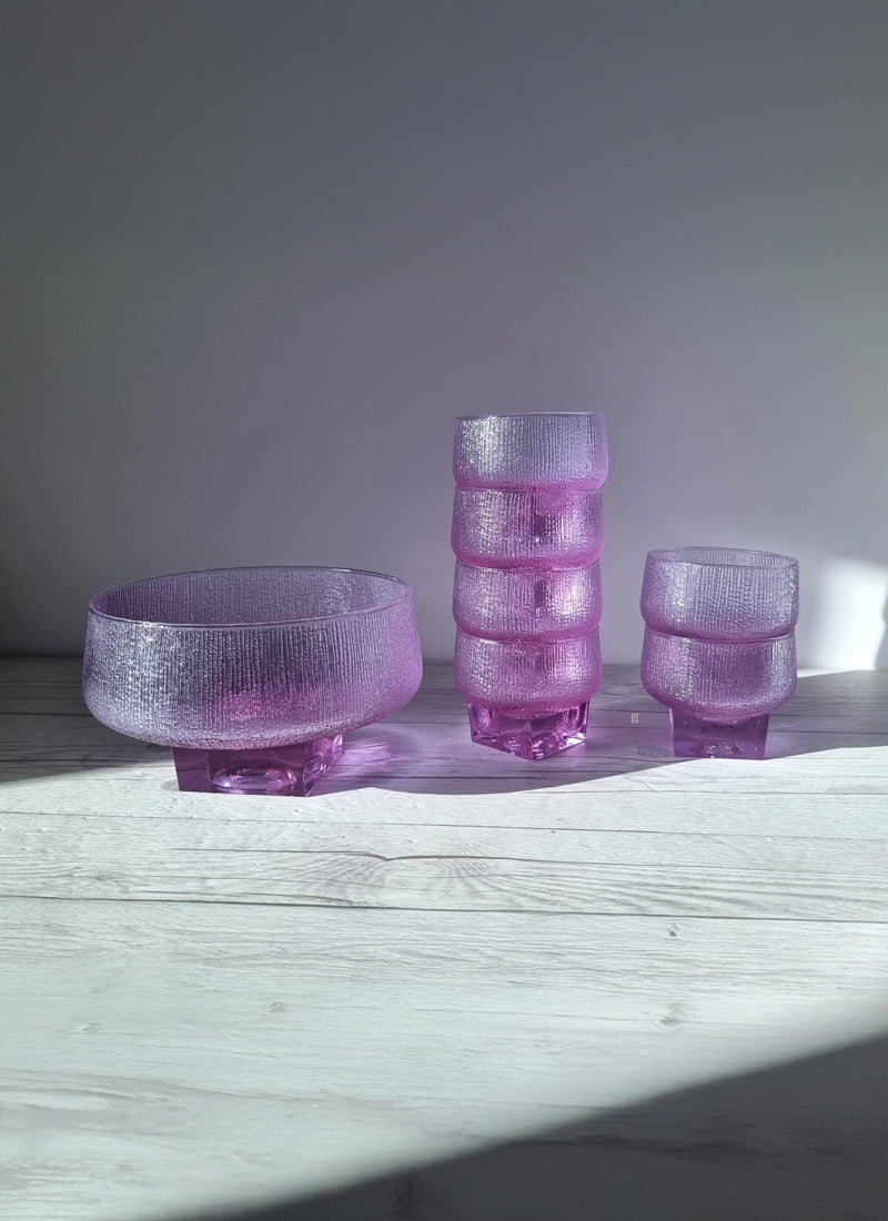 Kristal Melting Ice Series, Neodymium Alexandrite Jorum and 6 Tumbler Dish Set, 1960s-70s, Italy