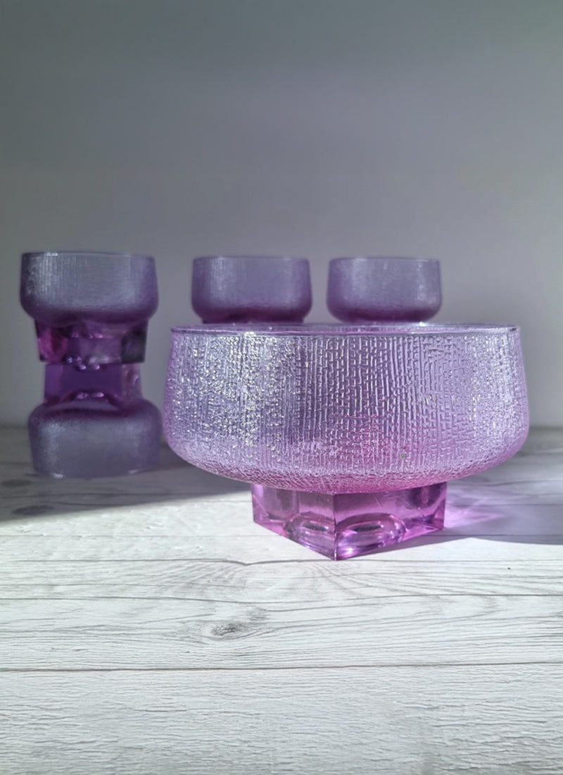 Kristal Melting Ice Series, Neodymium Alexandrite Jorum and 6 Tumbler Dish Set, 1960s-70s, Italy