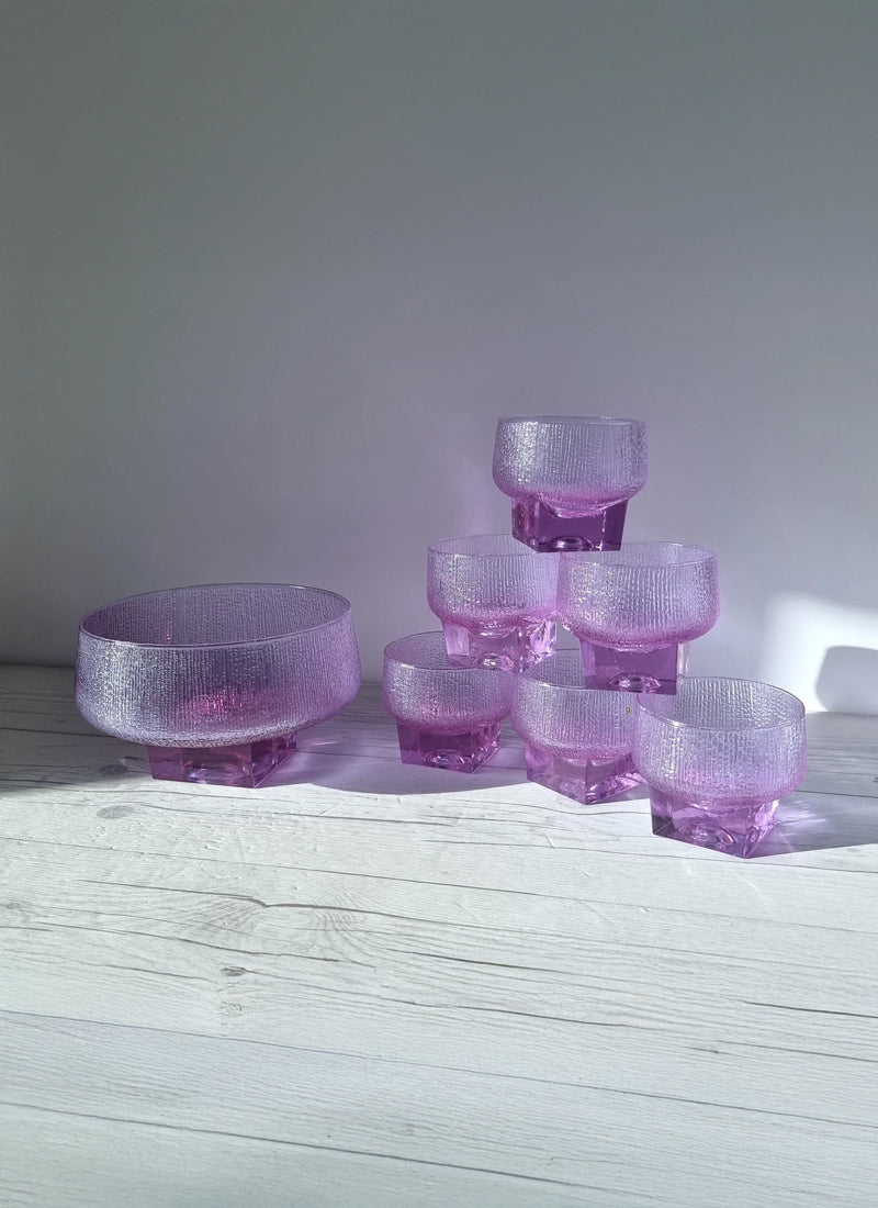 Kristal Melting Ice Series, Neodymium Alexandrite Jorum and 6 Tumbler Dish Set, 1960s-70s, Italy