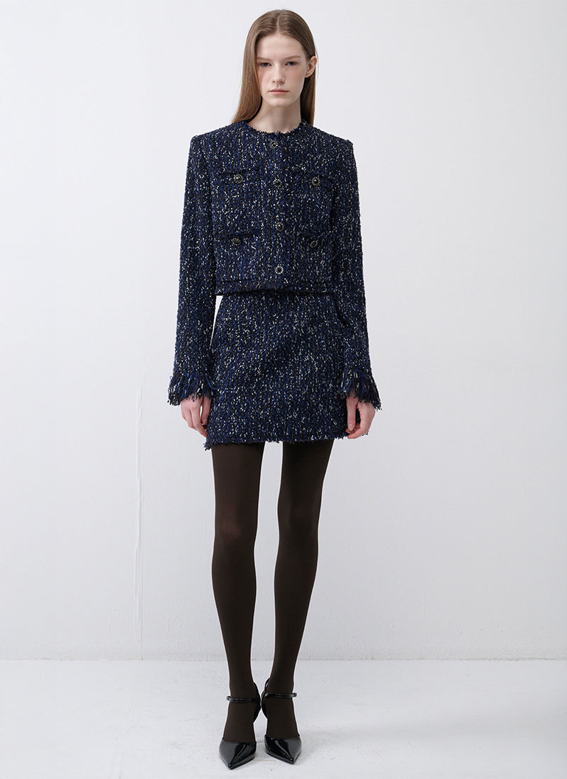 RVN Cropped Tweed Jacket With Fringe