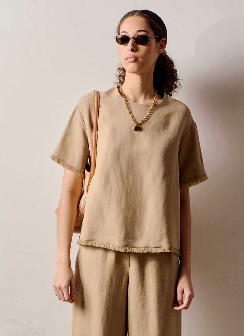 Antonelli Dumont Fringe Short Sleeve Top