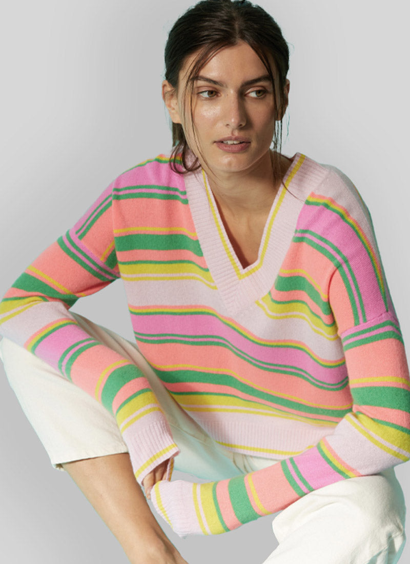 Autumn Cashmere Multi Stripe V-Neck Sweater