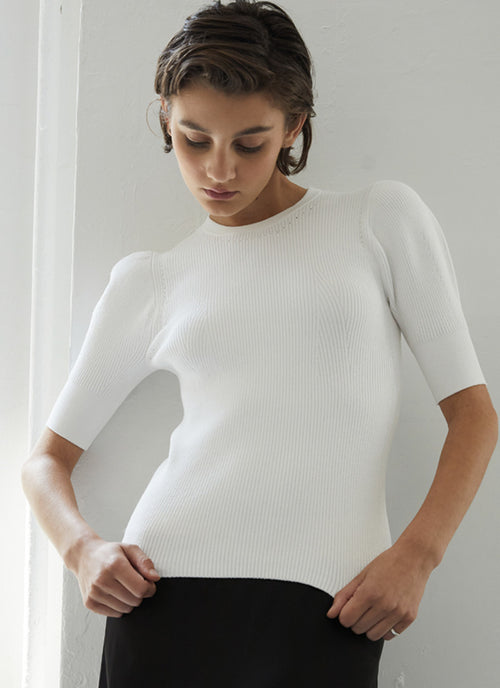 Short-Sleeve Ribbed Crewneck Sweater