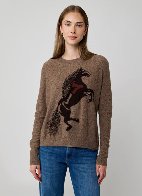 Autumn Cashmere Intarsia Horse Crew With Fringe Sweater