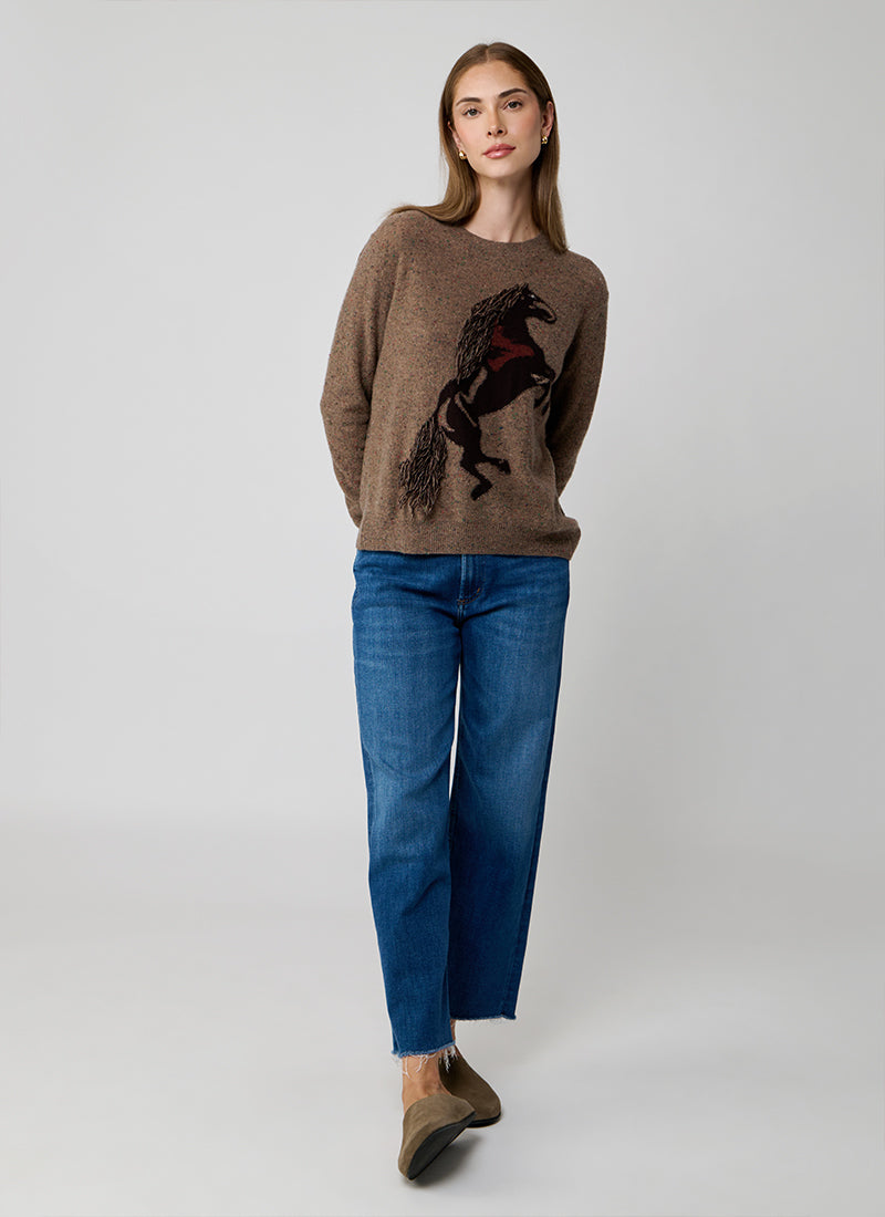 Autumn Cashmere Intarsia Horse Crew With Fringe Sweater