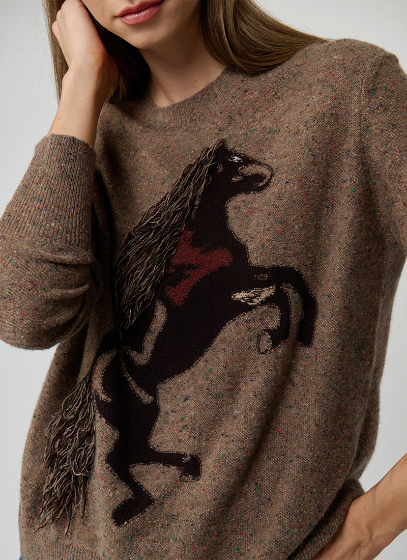 Autumn Cashmere Intarsia Horse Crew With Fringe Sweater