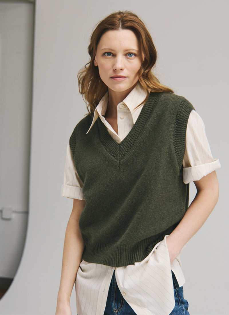 Autumn Cashmere Boxy Vest With Fancy Stitch Trim